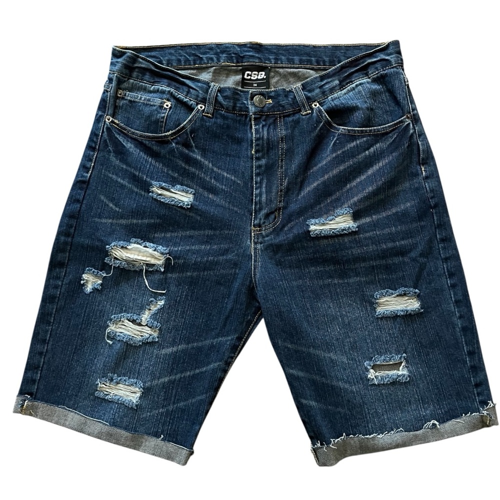 CSG Men's Dark Blue Distressed Denim Bermuda Shorts Size 34 Beach Grunge